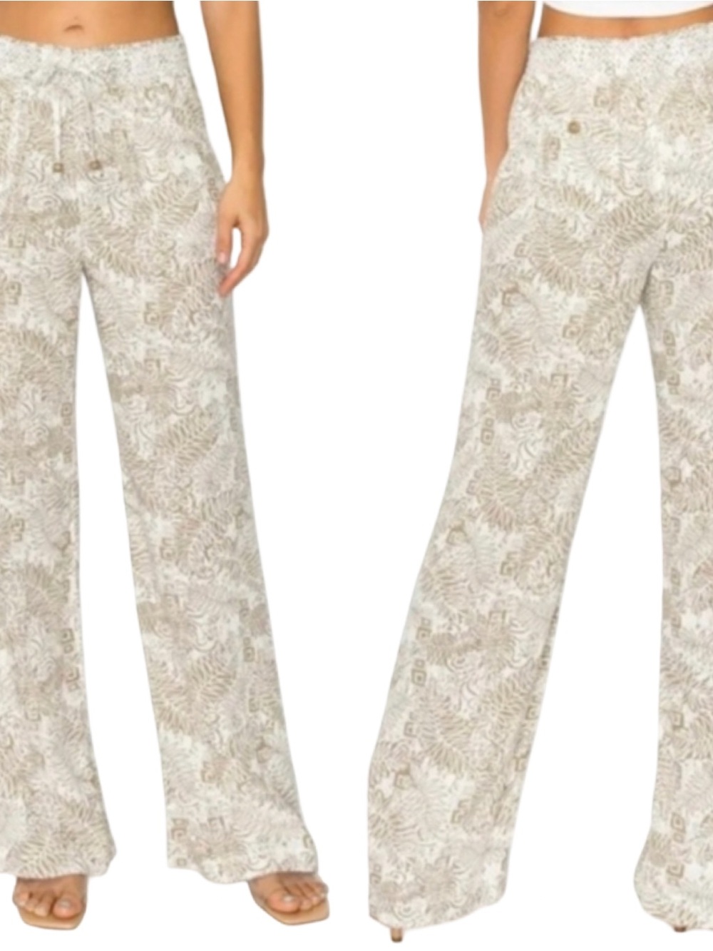 Cali1850 Los Angeles Women’s Size S Tan Beige White Tropical Printed Wide Pants